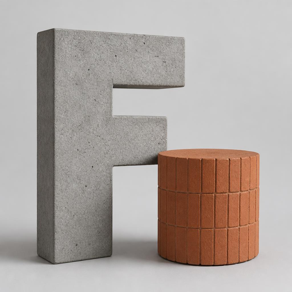 Lettre F en béton et brique — identité FAYRED RÉALISATION